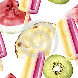 Hand drawn watercolor illustration seamless pattern repeated tropical exotic popsicle kiwi pineapple watermelon