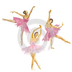 Hand-drawn watercolor illustration: set of dancing ballerinas. Vector