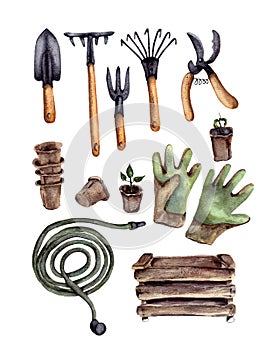 hand-drawn watercolor illustration. a set of garden items. tools for working in the garden, a wooden box, pots for growing