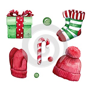 Hand drawn watercolor illustration set of gift box, striped socks, knitted red mittens with hat and candy cane isolated on white