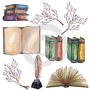 Hand Drawn watercolor illustration. Set with a pile of old books, ink bottle, ink pen, floral twigs, open book, feather