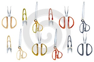 Hand drawn watercolor illustration sewing craft embroidery supplies tools. Fabric scissors shears thread cutting snips