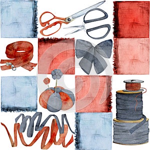 Hand drawn watercolor illustration sewing craft supplies. Fabric scissors pin cushion, ribbon bobbins bow, zipper