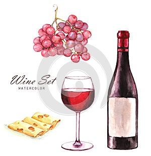 Hand-drawn watercolor illustration of the wine bottle, grape, sliced cheese and one glass of red wine
