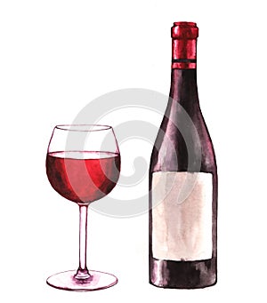 Hand-drawn watercolor illustration of the wine bottle and one glass of red wine