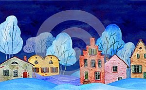 Hand drawn watercolor illustration. Winter night country landscape with old houses and trees
