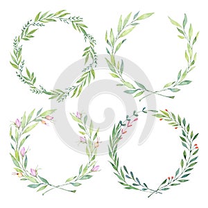 Hand drawn watercolor illustrations. Laurel Wreaths. Floral design elements. Perfect for wedding invitations, greeting photo