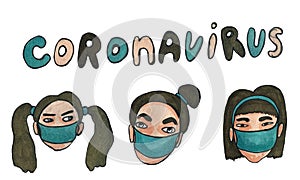 Hand drawn watercolor image of people wearing medical masks protecting themselves from the virus. Coronavirus covid-19 epidemic.