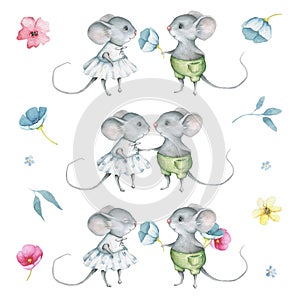 Watercolor Cute Little Mice Set