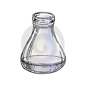 Hand drawn watercolor ink illustration glass vase jar bottle aromatherapy diffusor perfume, filled with water. Single