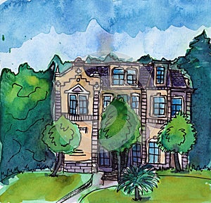 Hand drawn watercolor and ink urban sketch. Brown house village. City garden. Historical architecture.