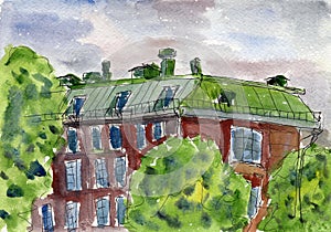 Hand drawn watercolor and ink urban sketch. Brown house village. City garden. Historical architecture. Traditional exterior. Garde