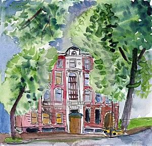 Hand drawn watercolor and ink urban sketch. Red house in village. City garden. Historical architecture. Traditional exterior. Gard