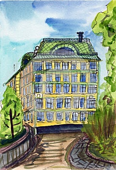 Hand drawn watercolor and ink urban sketch. Yellow house village. City garden. Historical architecture. Traditional palace. Garden