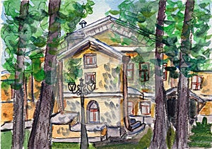 Hand drawn watercolor and ink urban sketch. Yellow house village. City garden. Historical architecture. Traditional palace. Garden