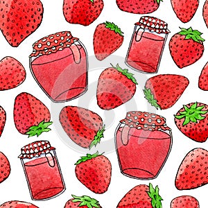 Hand drawn watercolor jam and strawberry seamless pattern