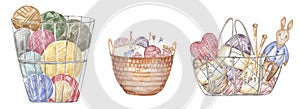 Hand-drawn watercolor knitting elements in the basket illustration set. Yarn balls clipart, crafts and Hobbies clip arts, graphic