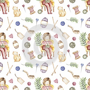 Hand-drawn watercolor knitting elements repeat paper. crafts and Hobbies seamless pattern:the girl knits on needles with cat