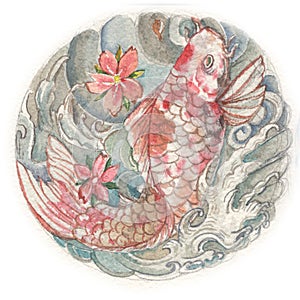 Hand drawn watercolor koi fish or carp fish tattoo ,coloring book japanese style.