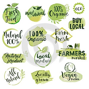 Hand drawn watercolor labels and badges for organic food