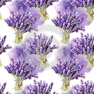 Hand drawn watercolor lavender banch seamless pattern with watercolor spine on white background.