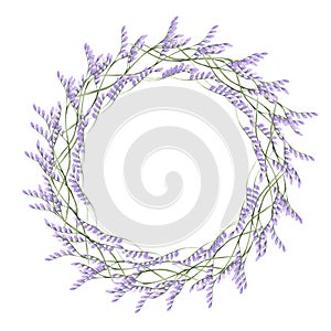 Hand drawn watercolor lavender flowers wreath on white background. Scrapbook, post card, wedding invitation, album