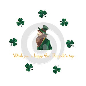 Hand-drawn watercolor leprechaun with a red beard in a green hat. Isolated on white background