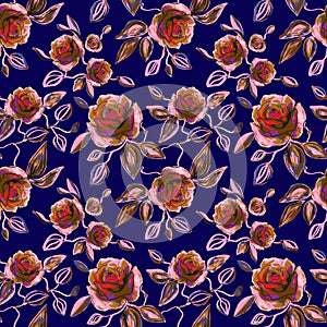 Hand drawn watercolor and line art floral seamless pattern with tender pink peonies, roses in vector on the blue background.