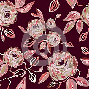 Hand drawn watercolor and line art floral seamless pattern with tender pink peonies, roses in vector on the burgundy background.