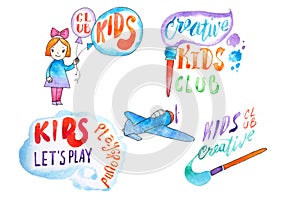 Hand-drawn watercolor logo set for kids club. Collection of promotional symbols for playground and entertaining center