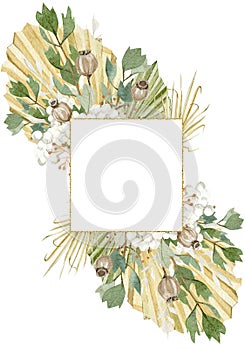 Hand drawn watercolor luxure tropical frame. Rustic floral and dasty leaves for wedding invintation photo