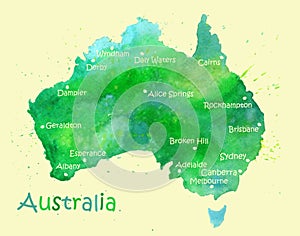 Hand drawn watercolor map of Australia on white