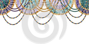 Hand drawn watercolor Mardi Gras carnival symbols. Garland festoon pelmet bead drape pearl strings, gold purple green