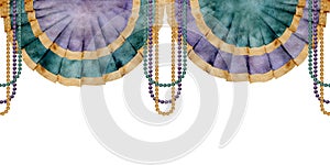 Hand drawn watercolor Mardi Gras carnival symbols. Garland festoon pelmet bead drape pearl strings, gold purple green
