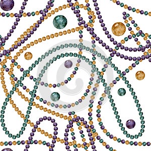 Hand drawn watercolor Mardi Gras carnival symbols. Glass bead string necklace bauble jewelry gold purple green. Seamless