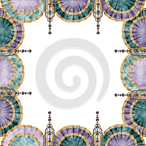 Hand drawn watercolor Mardi Gras carnival symbols. Textile festoon pelmet drape garland, glass bead pearl strings