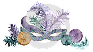 Hand drawn watercolor Mardi Gras carnival symbols. Theater masquerade circus mask feathers, rex coins doubloons