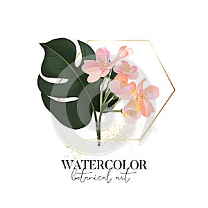Hand drawn watercolor monstera palm leaves and colorful Tropical flowers design with gold frame and  text elements, luxury logo, photo