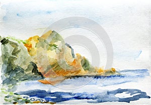 Hand Drawn Watercolor Mountain Sea Shore in Sunny Weather