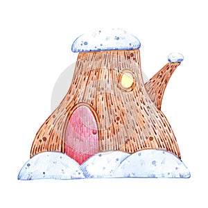Hand drawn watercolor new year stump house in snowbanks. Illustration isolated on white background. Can be used for label,