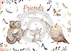 Hand drawn watercolor owl, mouse and bird dancing animals. Boho nursery decoration illustrations, music trendy art
