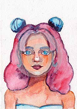 Hand drawn watercolor paint illustration. Young pretty woman. Girl with pink and blue hair and blue eyes abstract artwork. Beautif