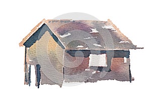 Hand drawn watercolor painting of abstract cottage. Scanning high resolution
