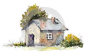 Hand drawn watercolor painting of beautiful summer cottage. Landscape watercolor painting