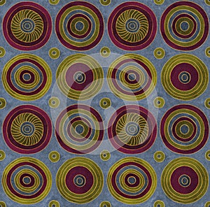 Hand drawn watercolor painting geometric seamless pattern. Colorful circles with gold contour on textured gray background.