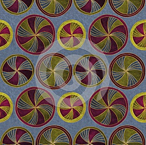 Hand drawn watercolor painting geometric seamless pattern. Multi colored circles with gold contour on textured gray background.