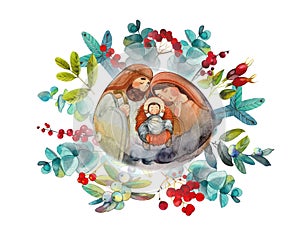 Hand drawn watercolor painting Holy family: Virgin Mary, Jesus Christ, Joseph in floral winter decor. Merry Christmas greeting