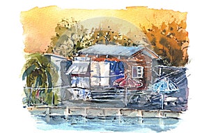 Hand drawn watercolor painting of local house and canal. Landscape watercolor painting. Scanning high resolution