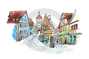 Hand drawn watercolor painting of old town in Germany. Romantic cityscape Bavarian Rothenburg ob der Tauber painted
