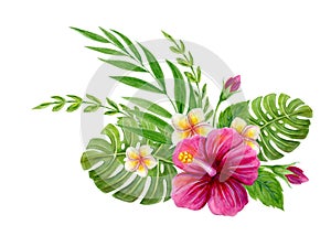 Hand drawn watercolor painting  with pink Hibiscus rose, plumeria flowers, monstera palm leaf and palm fronds  isolated on white photo